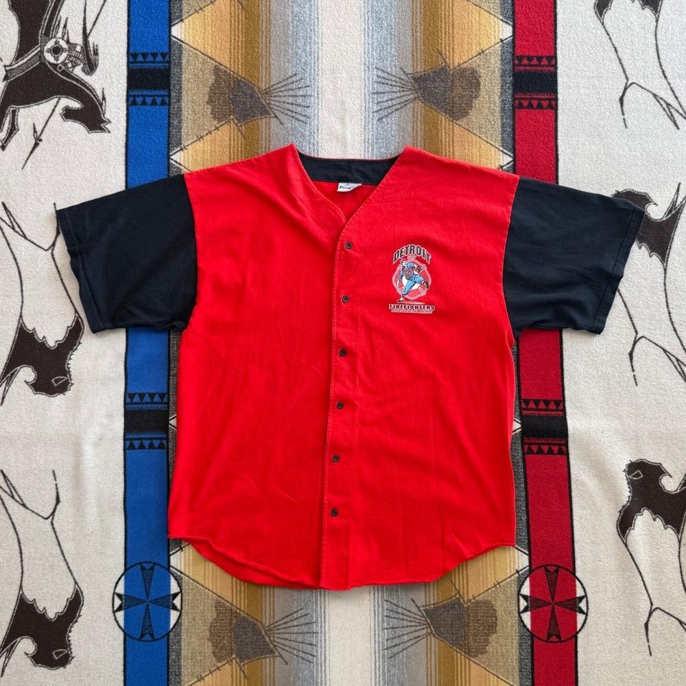 Vintage 1997 Detroit Firefighters Baseball Jersey Red Black Cotton Mens XL